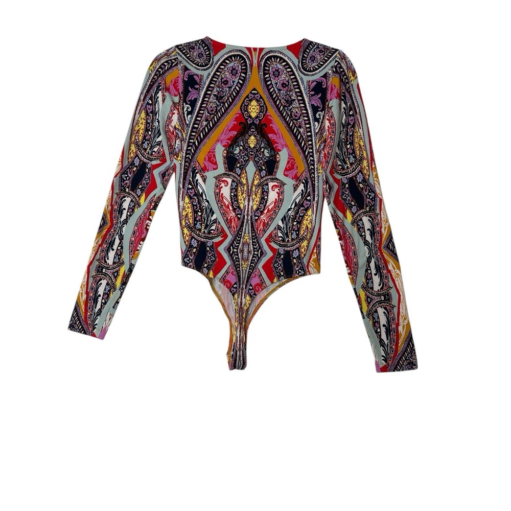 Free People Bodysuit Top Womens Small‎ Bright Colorful Stretch Long Sleeve Boho - Picture 3 of 8